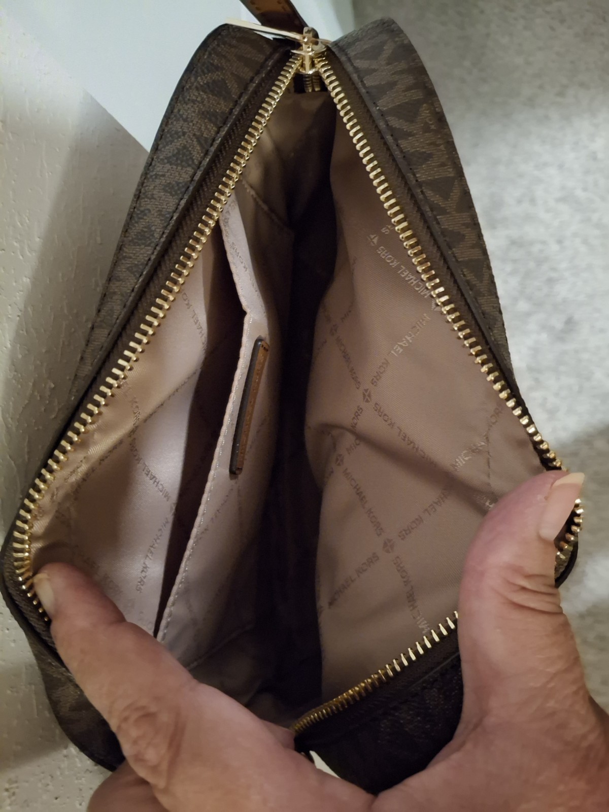 Michael Kors Brown Logo Small Zip Crossbody Bag Gold Chain Accent Strap