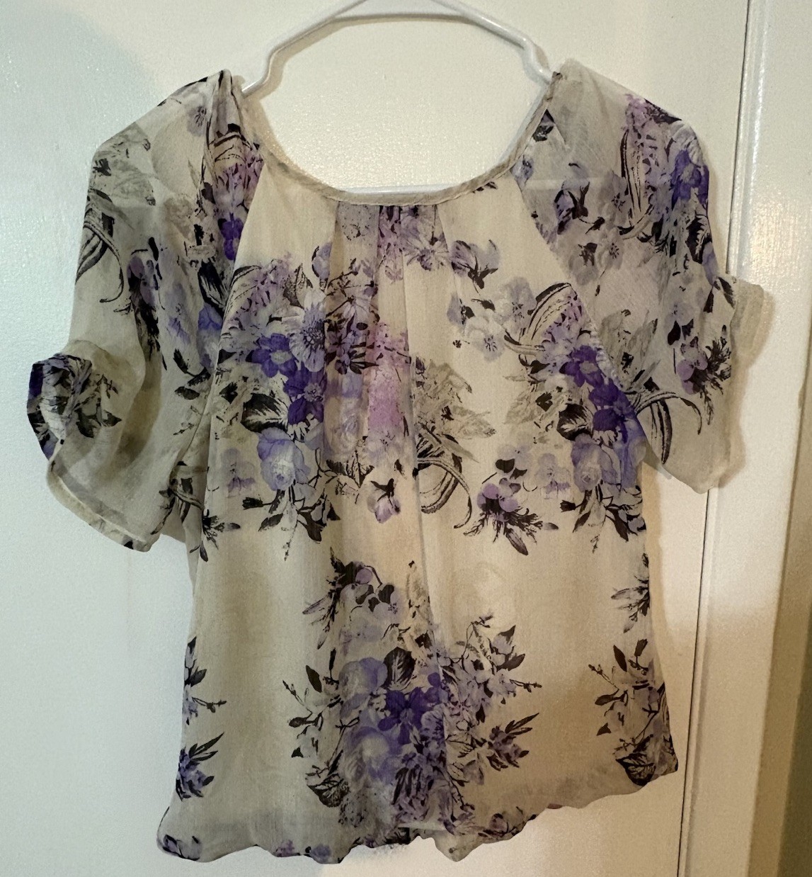 Sara Michelle PM Blouse Bubble Hem Purple Floral Chiffon Petite Romantic Top