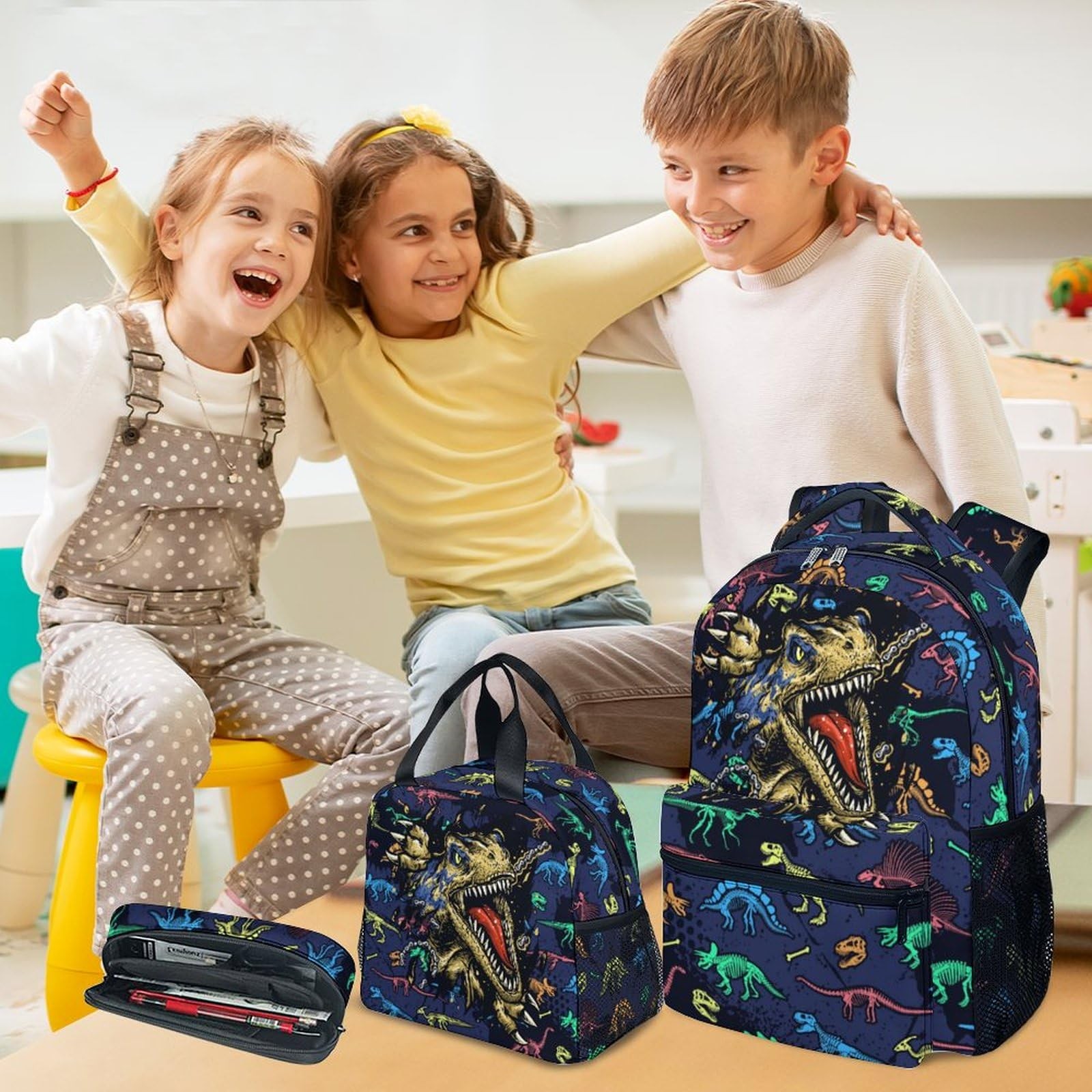 Boys Backpack with Lunch Box – 3 in 1 Cool Dinosaurs Bookbag for School, Trav…