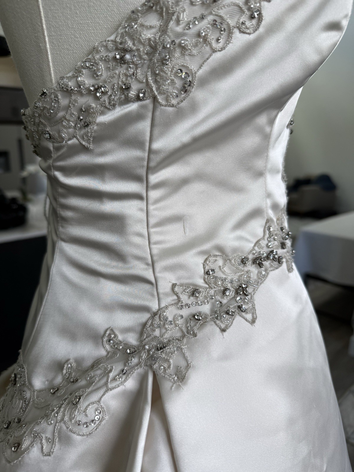Kenneth Pool Strapless Beaded Satin Ball Gown Wedding Dress Corset Back Train