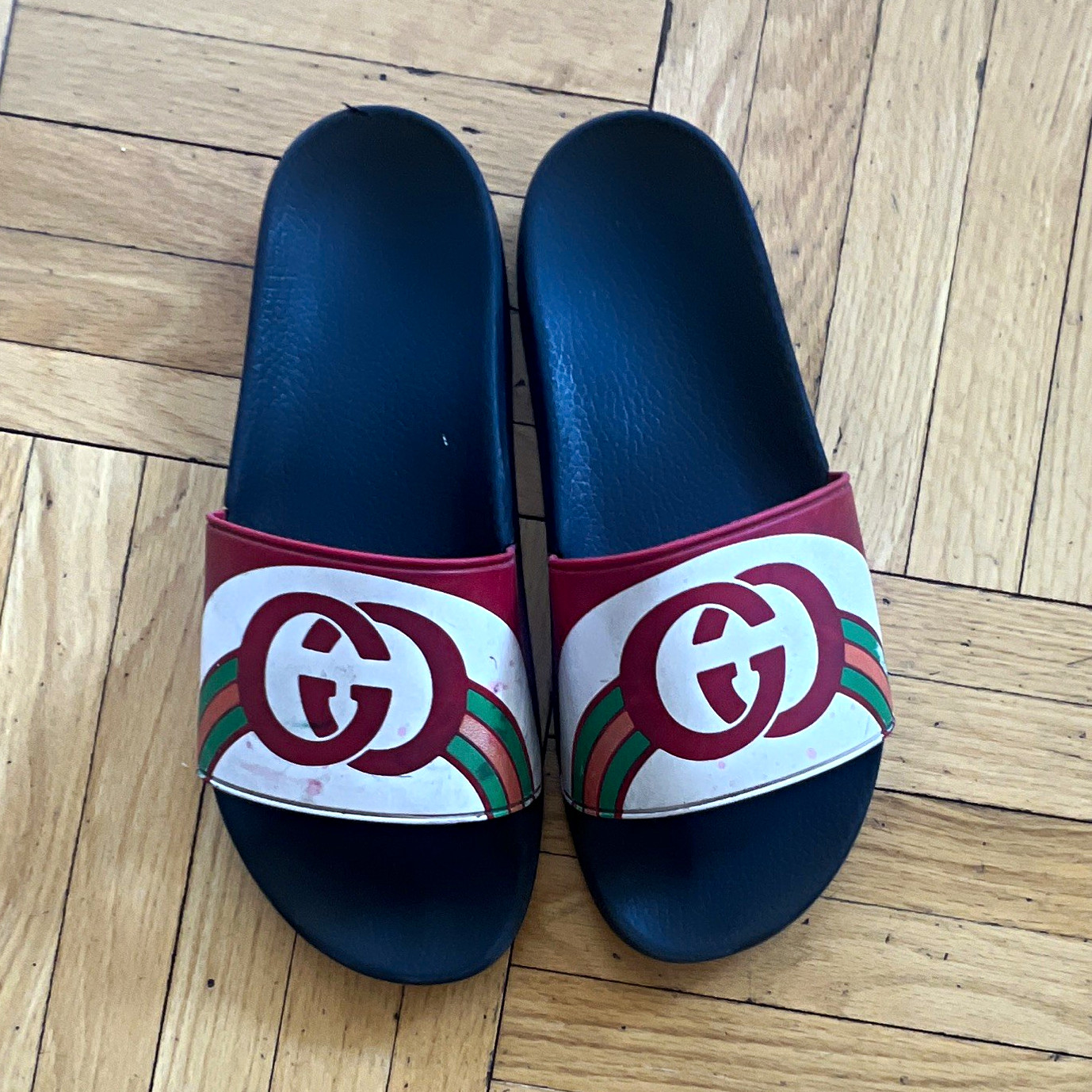 Gucci Men’s Logo Web Stripe Slide Sandals Black/Red/Green/White 11.5