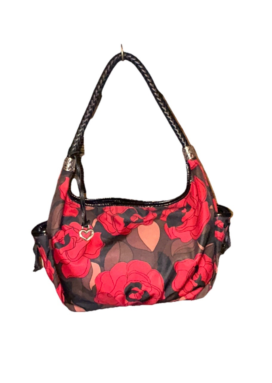 Brighton Jillian Red Rose Hobo Bag Black Woven Strap Womens Purse Large