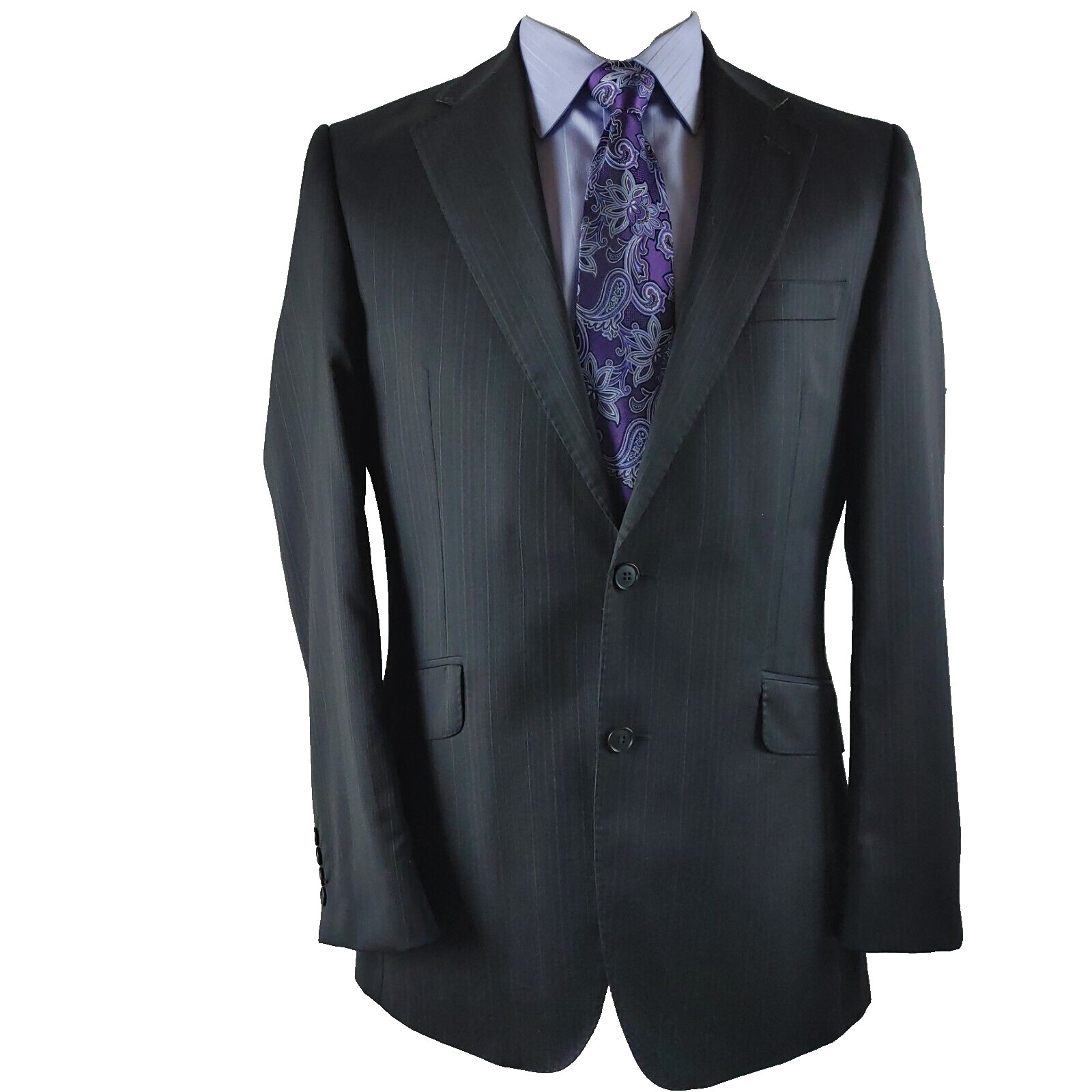 Limehaus 40R Wool 2 Button Charcoal Black Pinstripe Stitched Lapel Suit Blazer