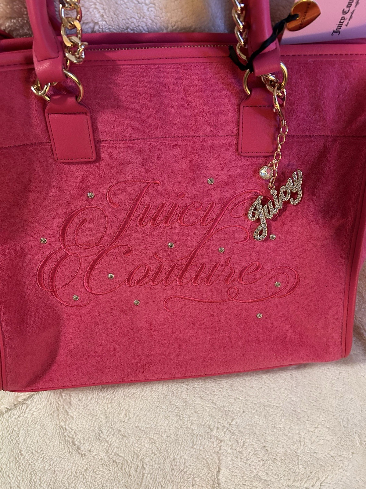 Juicy Couture Large Pink Logo Tote Zip Top Gold Chain Straps Rhinestone Charm