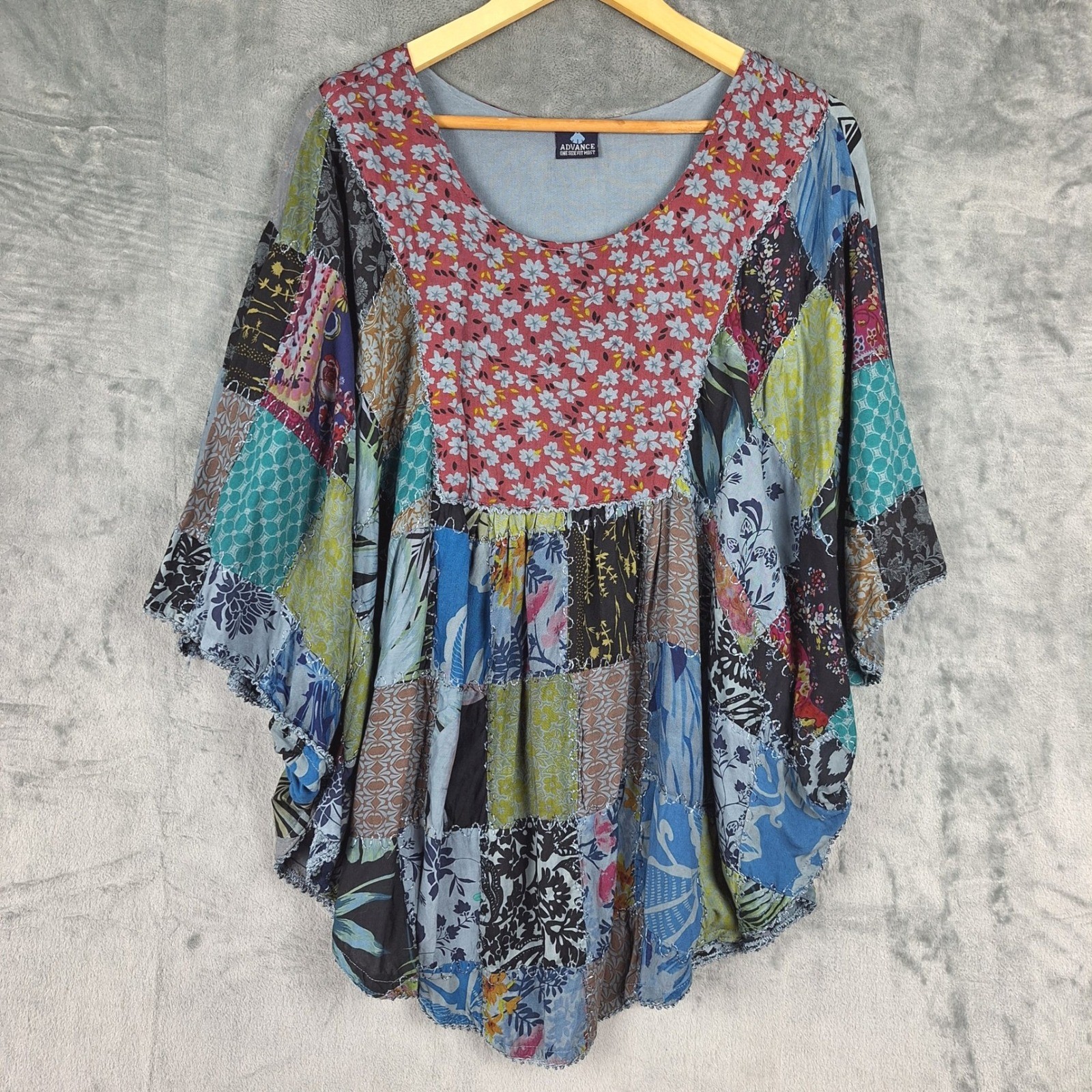 Womens Top One Size Patchwork Floral Boho Poncho Festival Hippie Oversized Artsy