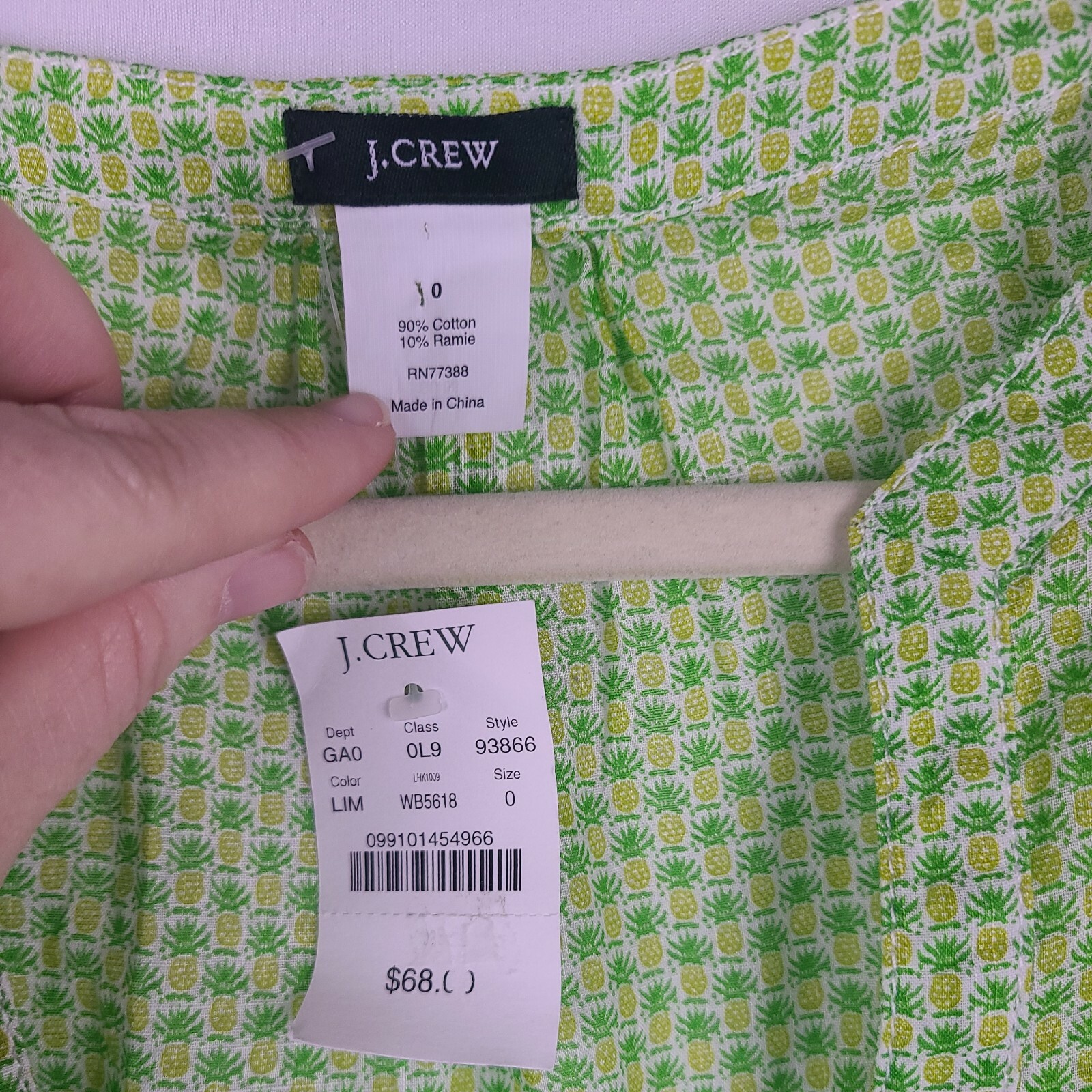 J CREW Ladies Sleeveless Blouse Size 0 Green Pineapple Empire Deep U Neck NWT!
