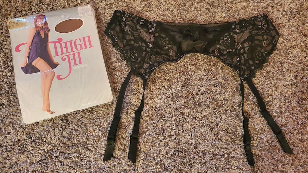 Pour Moi Black Lace Garter Belt, L/XL & Vintage Thigh High Stockings 8 1/2-11