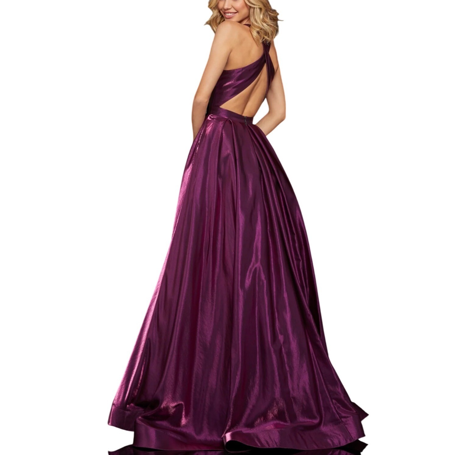 Sherri Hill Metal Plum Spaghetti Strap Backless Ball Gown Prom Dress, Size 12-