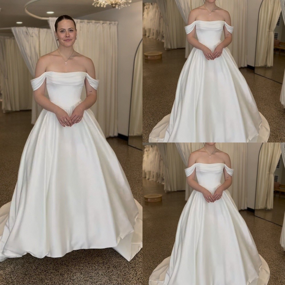 Classic Wedding Dresses Off The Shoulder Satin A Line Sweep Train Bridal Gowns