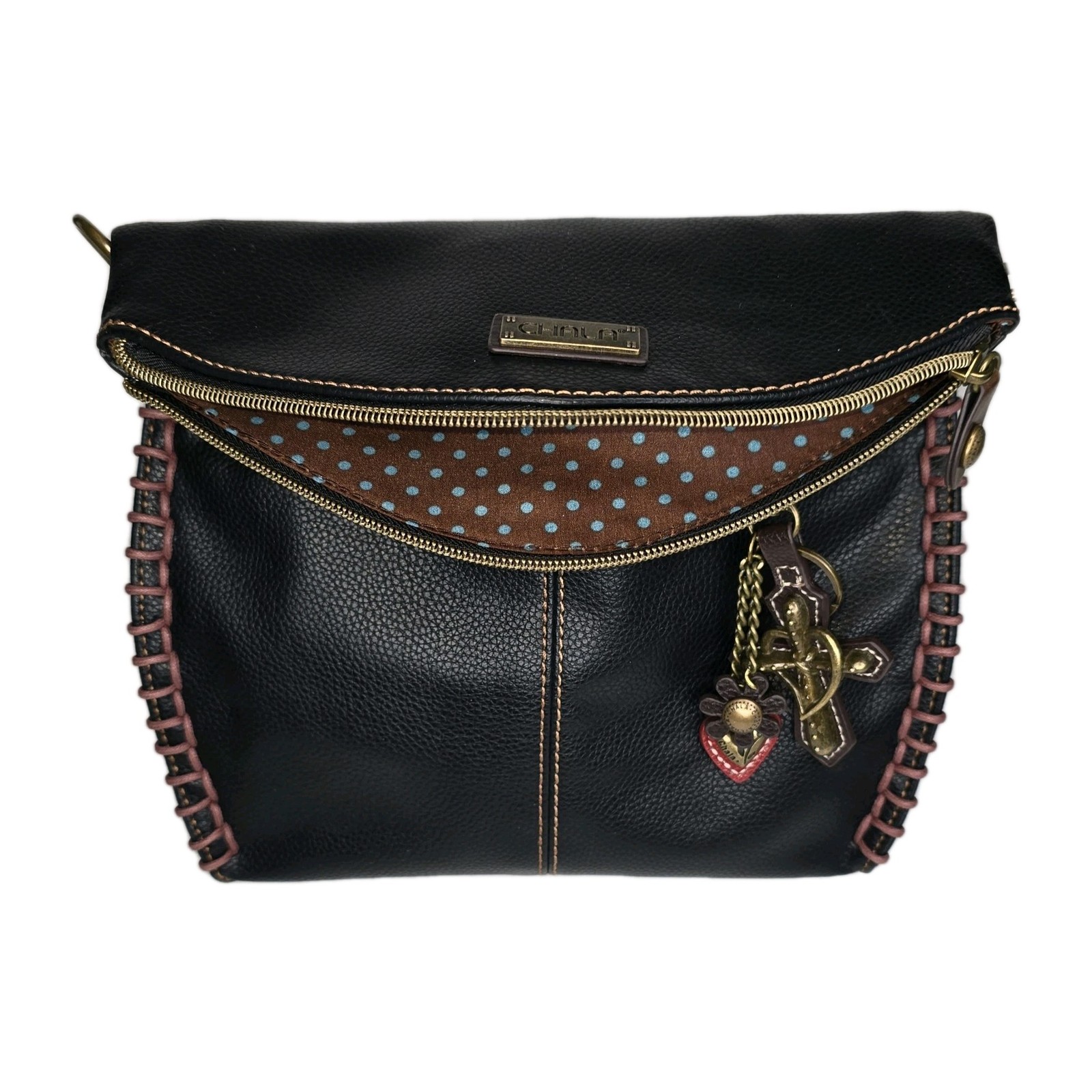 Chala Handbags Charming Crossbody Bag Flap Top Zipper Black + Cross Purse Charm