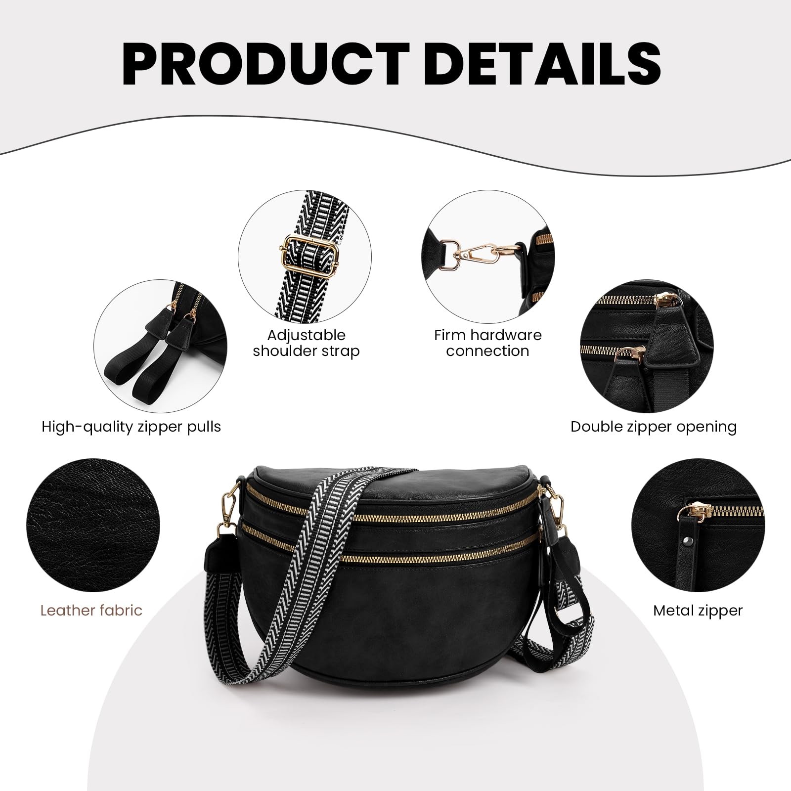 Leather Crossbody Fanny Pack Trendy Bum Bag Double Zip Multi Compartment with…