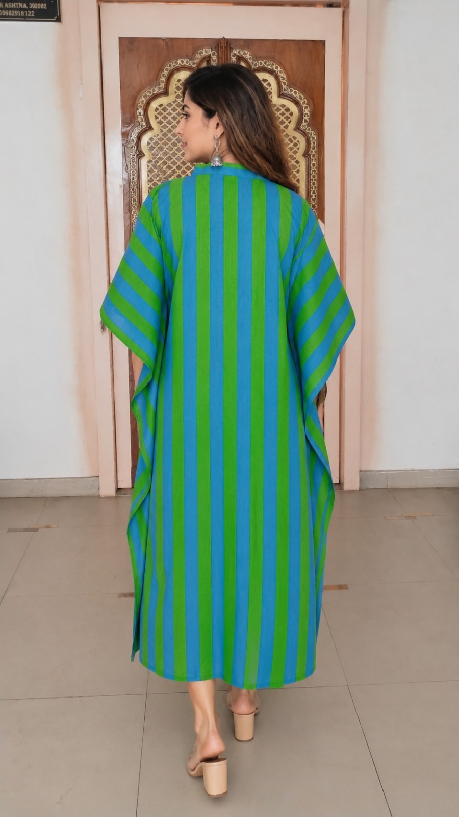 Green Striped Print Caftan For to be Moms Beach Cover Up Maxi Summer Long Kaftan