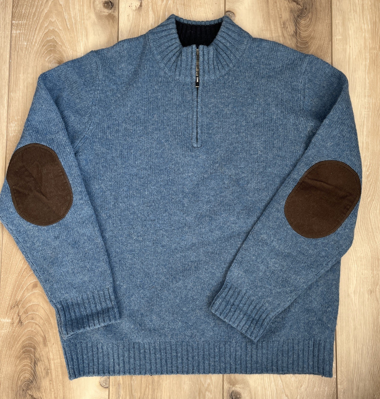 LL Bean Mens 100% Wool Shetland Sweater 1/4 Zip Pullover Elbow Patch Blue Size L