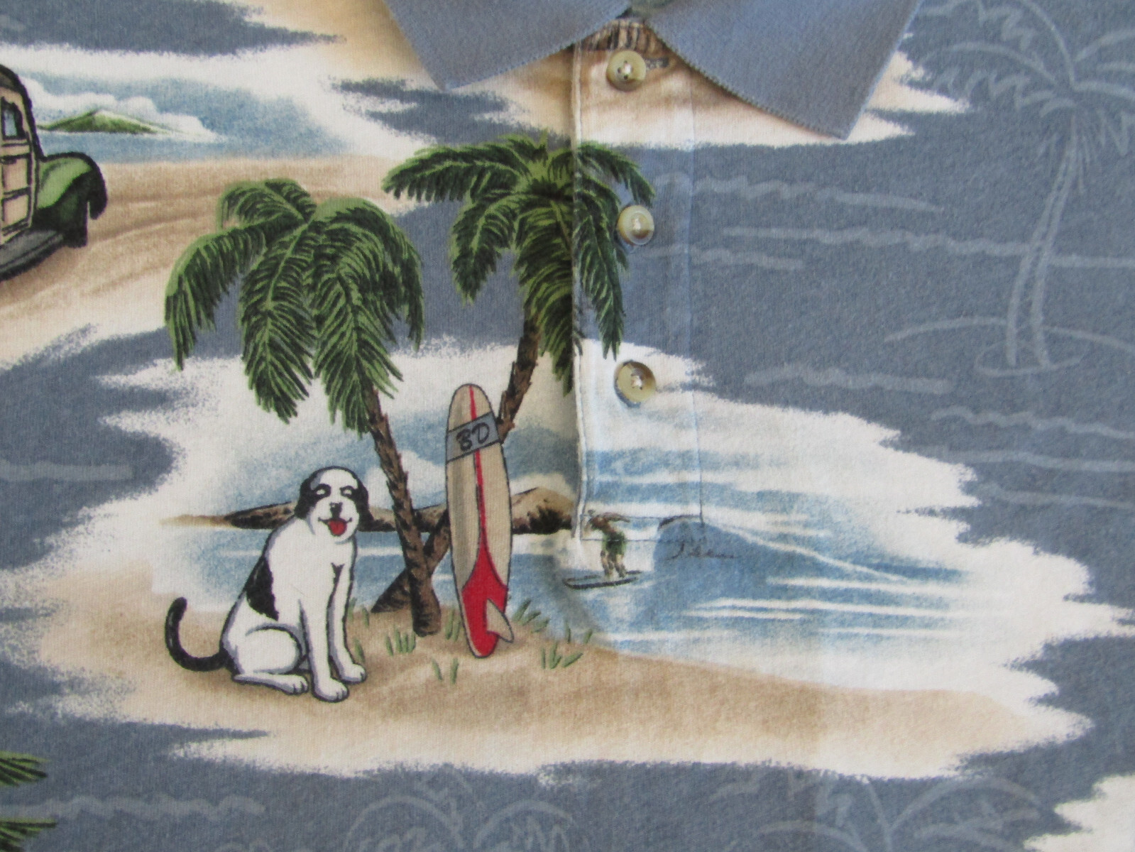 BIG DOG ALL OVER PRINT POLO SHIRT HAWAIIAN TROPICAL ISLAND WOODIE SURFER MENS L