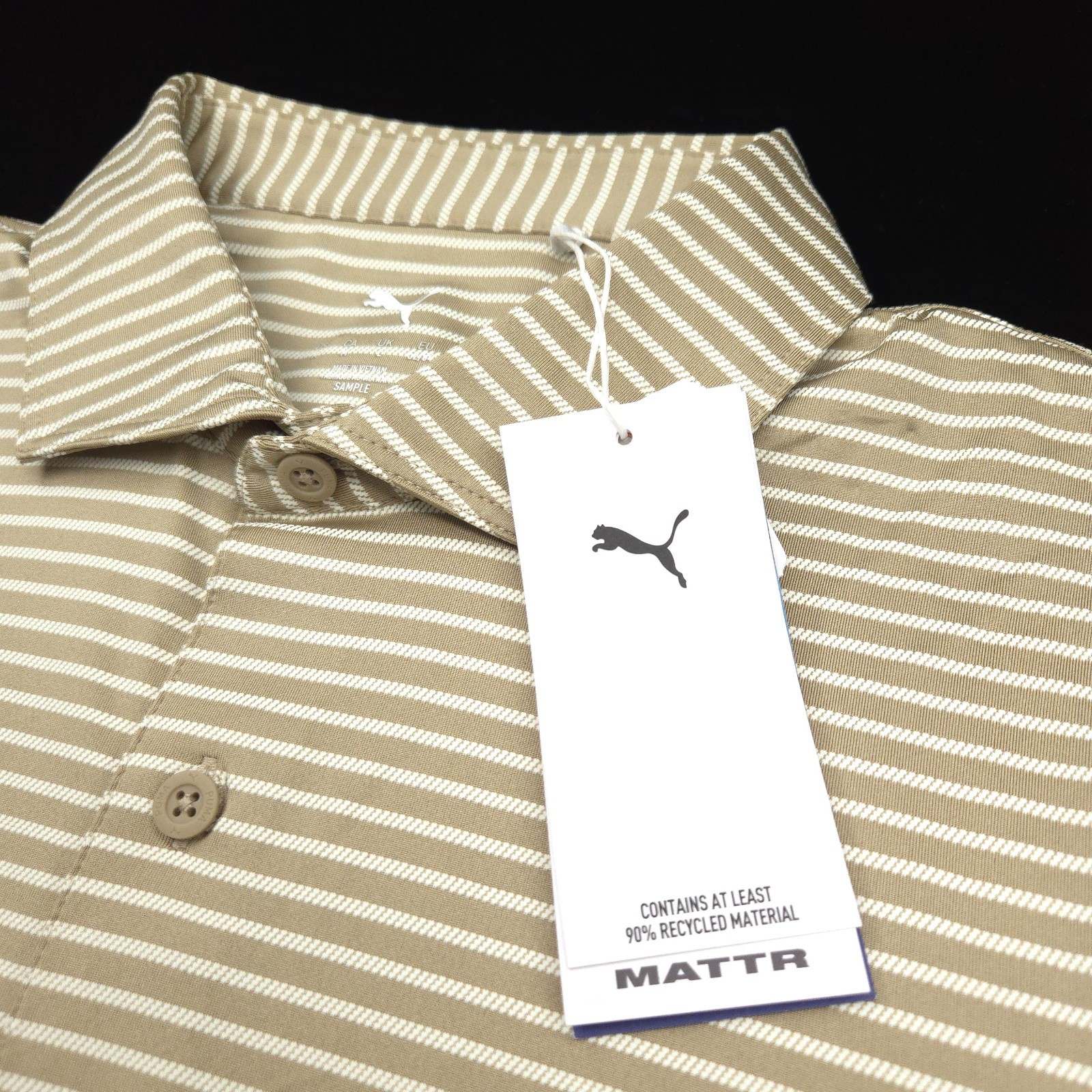 Puma Polo Golf Shirt Mens -M Brown White Performance Stripe Stretch Lisle Smooth