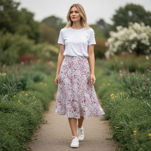 Banana Republic Floral Midi Skirt Pink Blue White Elastic Waist Slit Large NWT