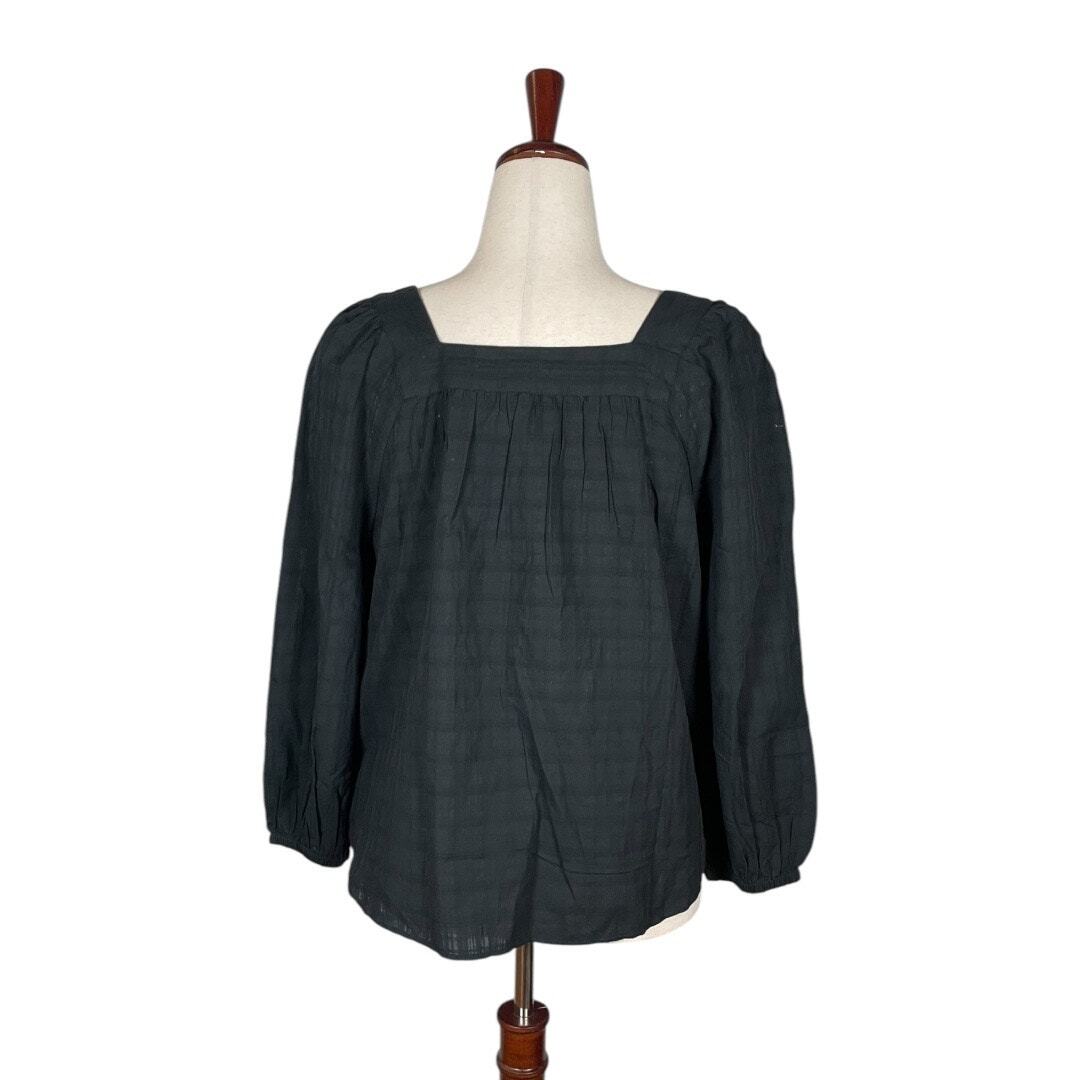 NEW $88 Madewell Square-Neck Bubble-Sleeve Top in Plaid-True Black++ Size: S