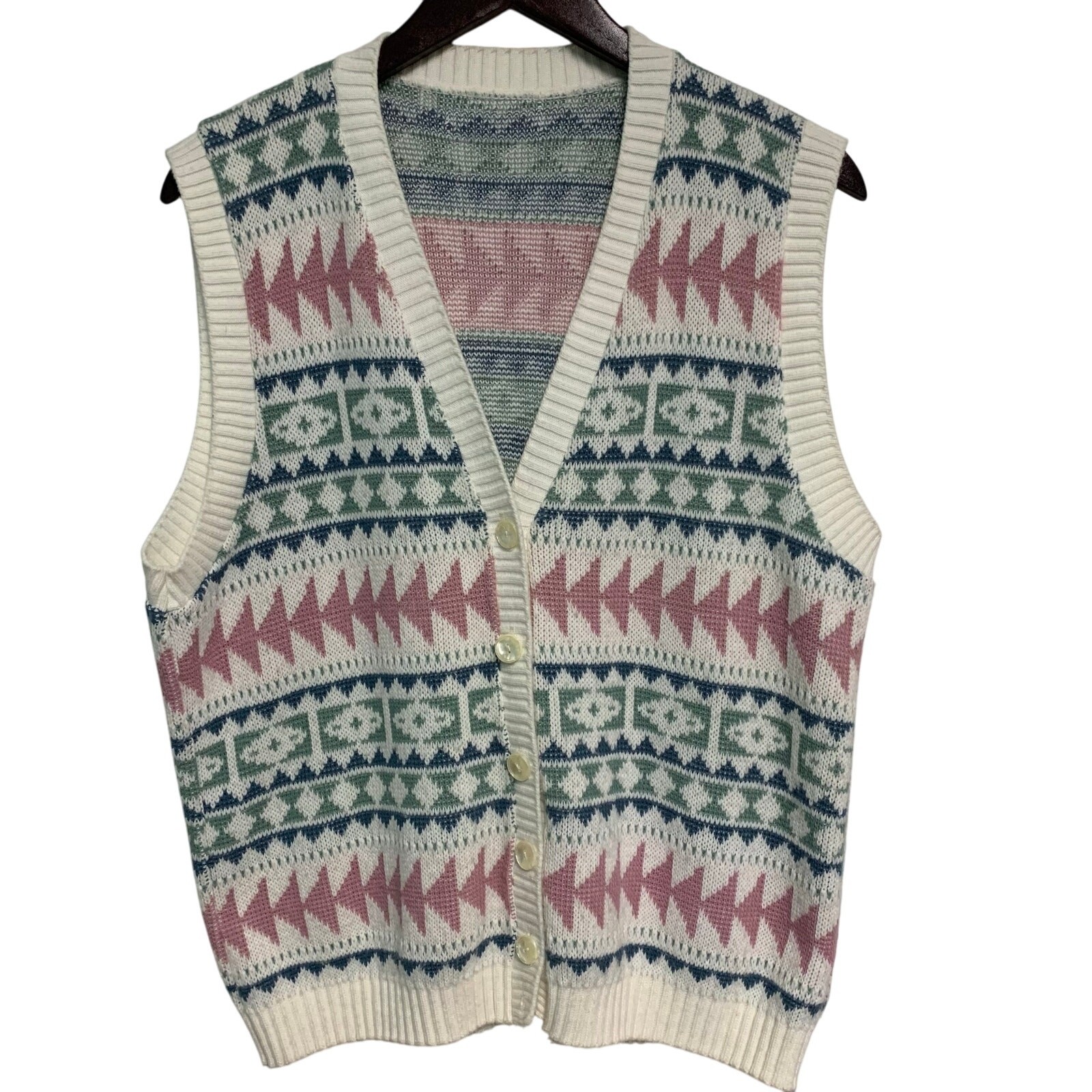 No Brand Vintage Women’s Knit Geometric Pastel Sweater Vest Button Up M/L