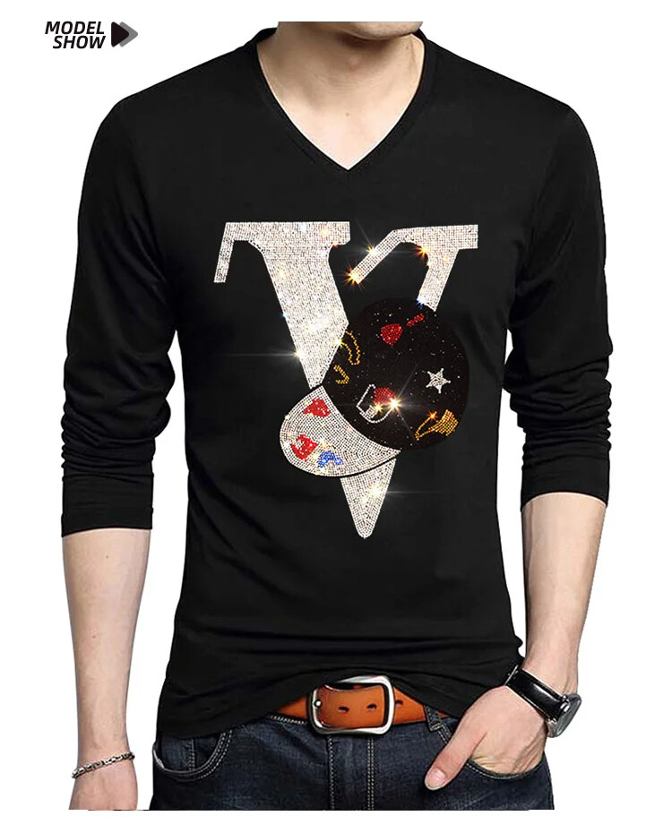 Fashion Trend V Letter Cap Hat Rhinestones Long Sleeve Luxury Men V-Neck T-Shirt
