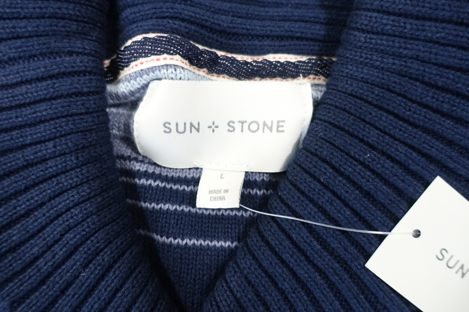 SUN STONE STRIPED NAVY BLUE LARGE HEAVY KNIT SHAWL NECK SWEATER MENS NEW