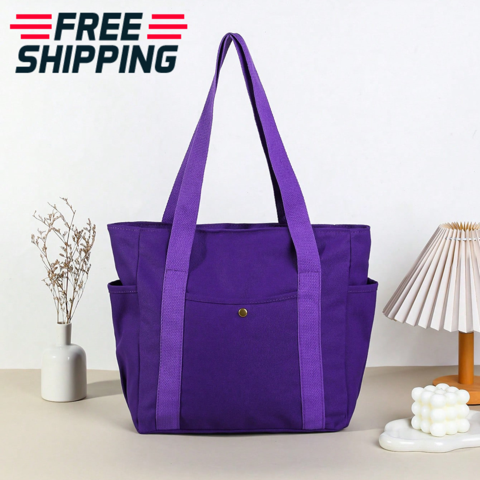 Large Capacity Canvas Tote Bag Multi-Pocket Shoulder Bag Portable Women Handbag