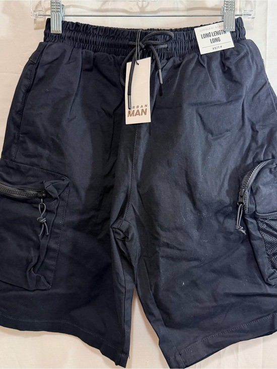 Urban Man Long Length Elastic Waist with Drawstring Black Cargo Shorts XS – XL