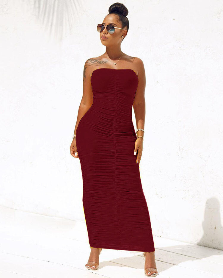 Women’s Sexy Ruched Tight Strapless Sleeveless Bodycon Tube Maxi Long Club Dress
