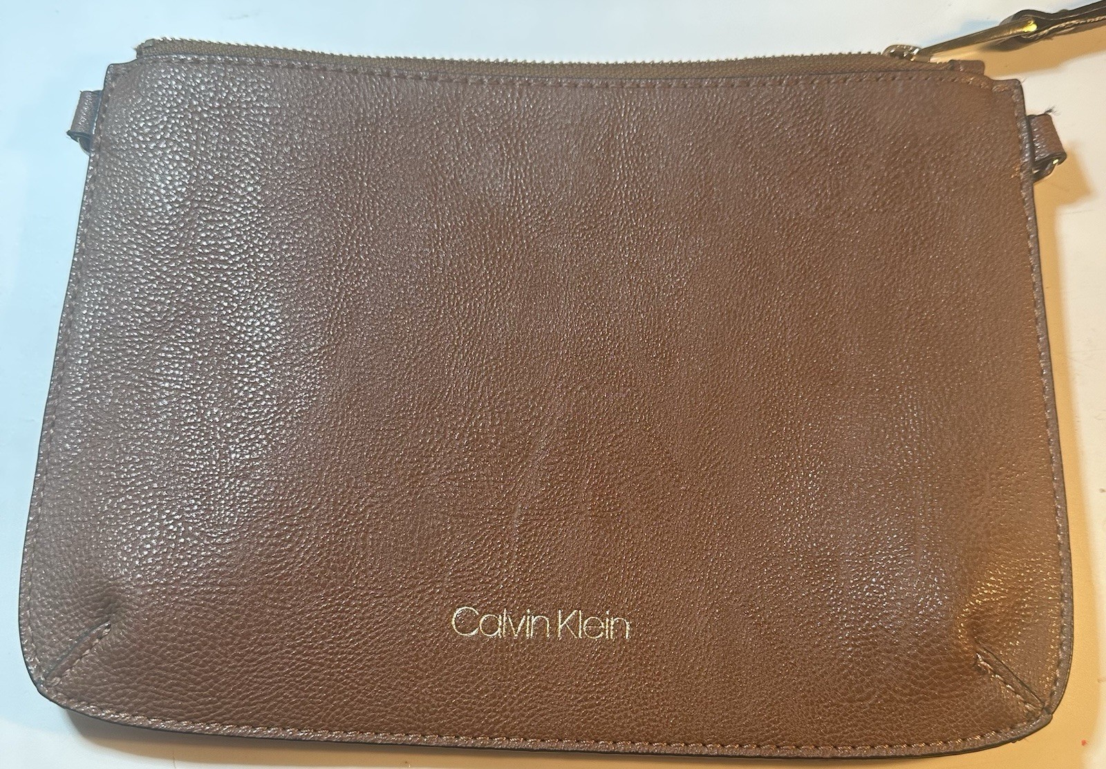 Calvin Klein Brown Zip Wristlet Clutch Pouch, Gold Hardware, Logo Accent