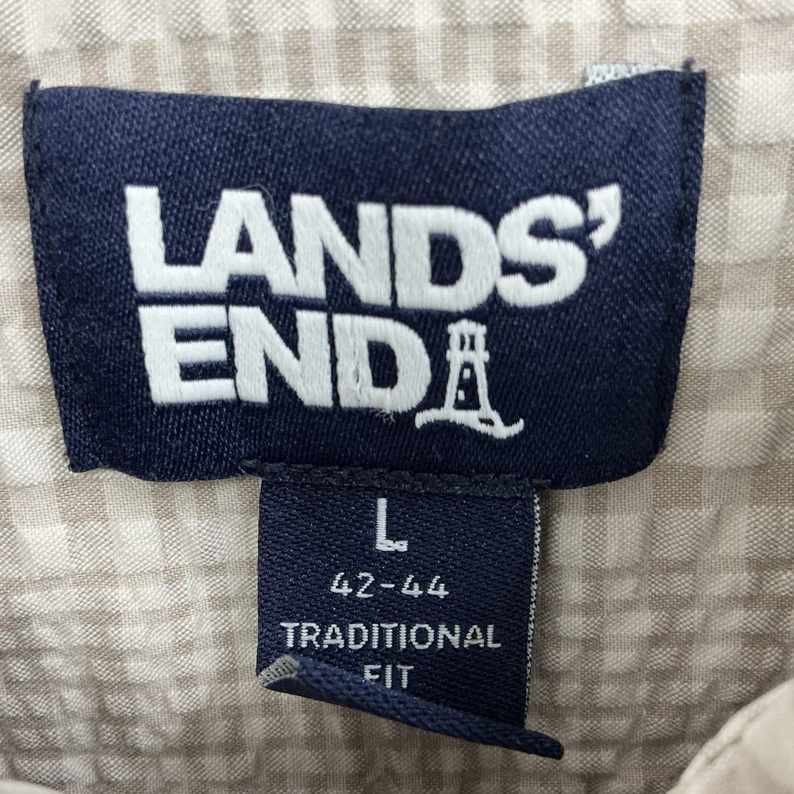 Lands’ End Shirt Mens Large Beige Check Short Sleeve Seersucker Cotton Casual