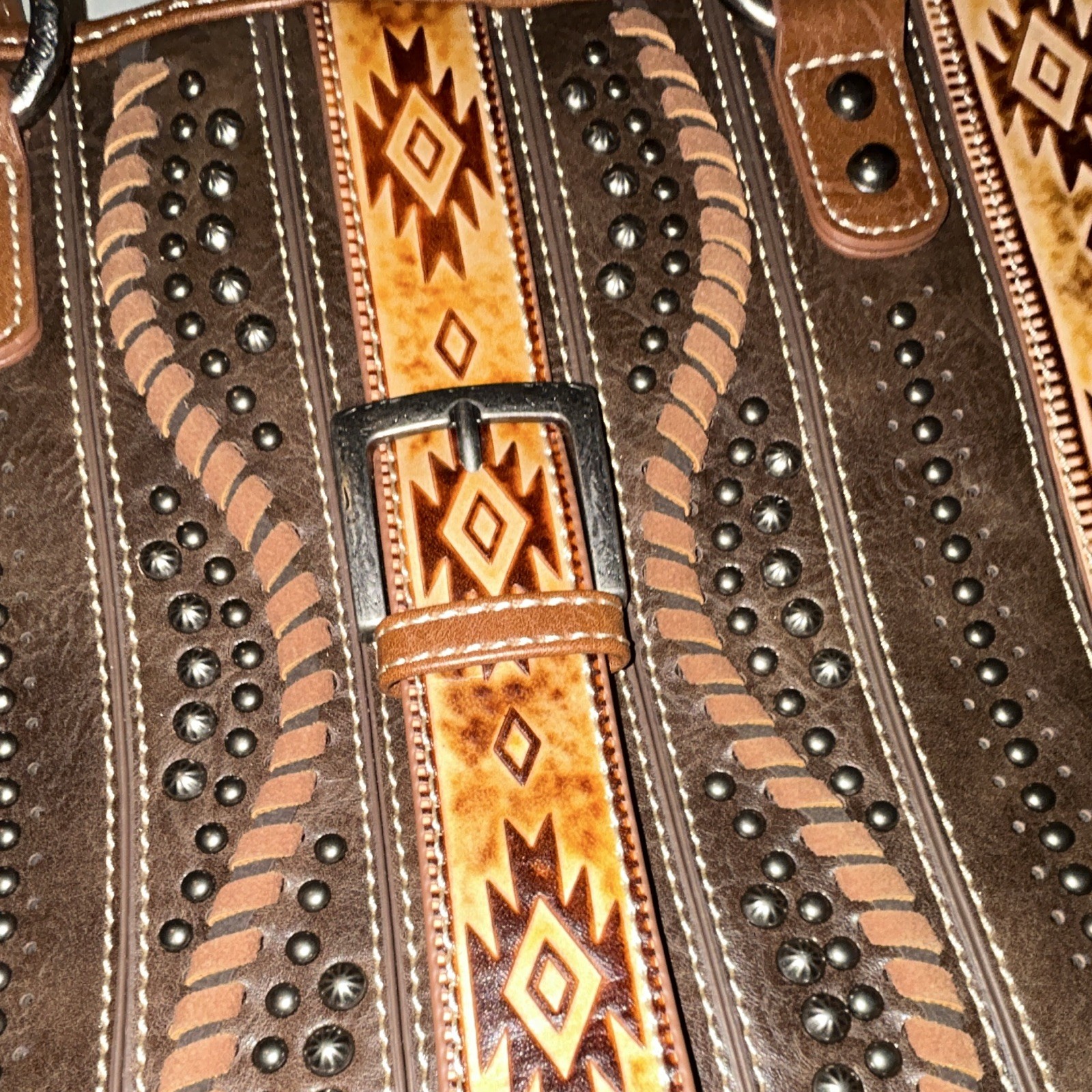 Montana West Brown Western Geometric Studded Tote Zip Inner/Outer Pockets