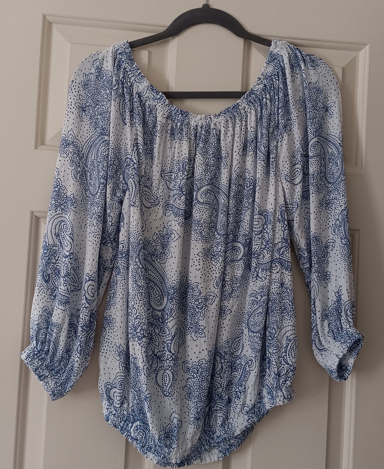 Tommy Hilfiger Paisley Peasant Blouse Blue White Smocked Off Shoulder Top Medium