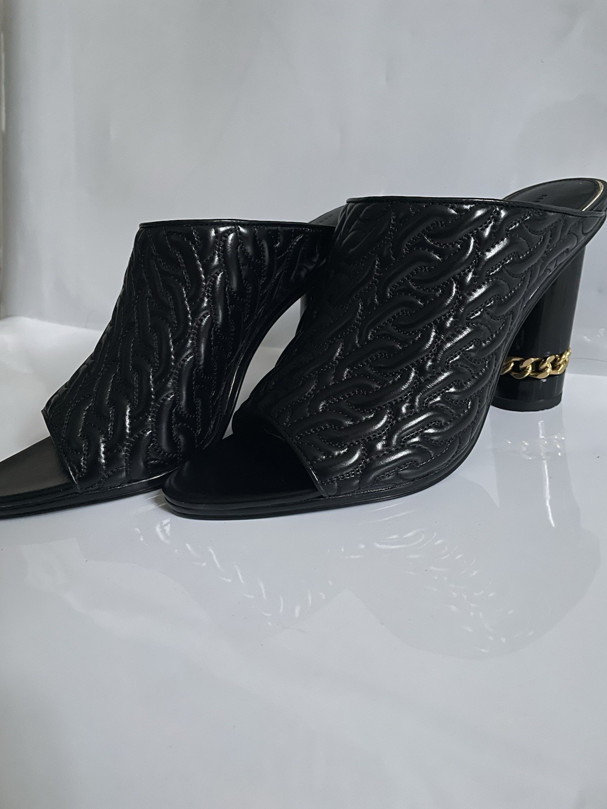 Rebecca Minkoff Black Quilted Leather Chain Open Toe Slip-On Mule Heels 10