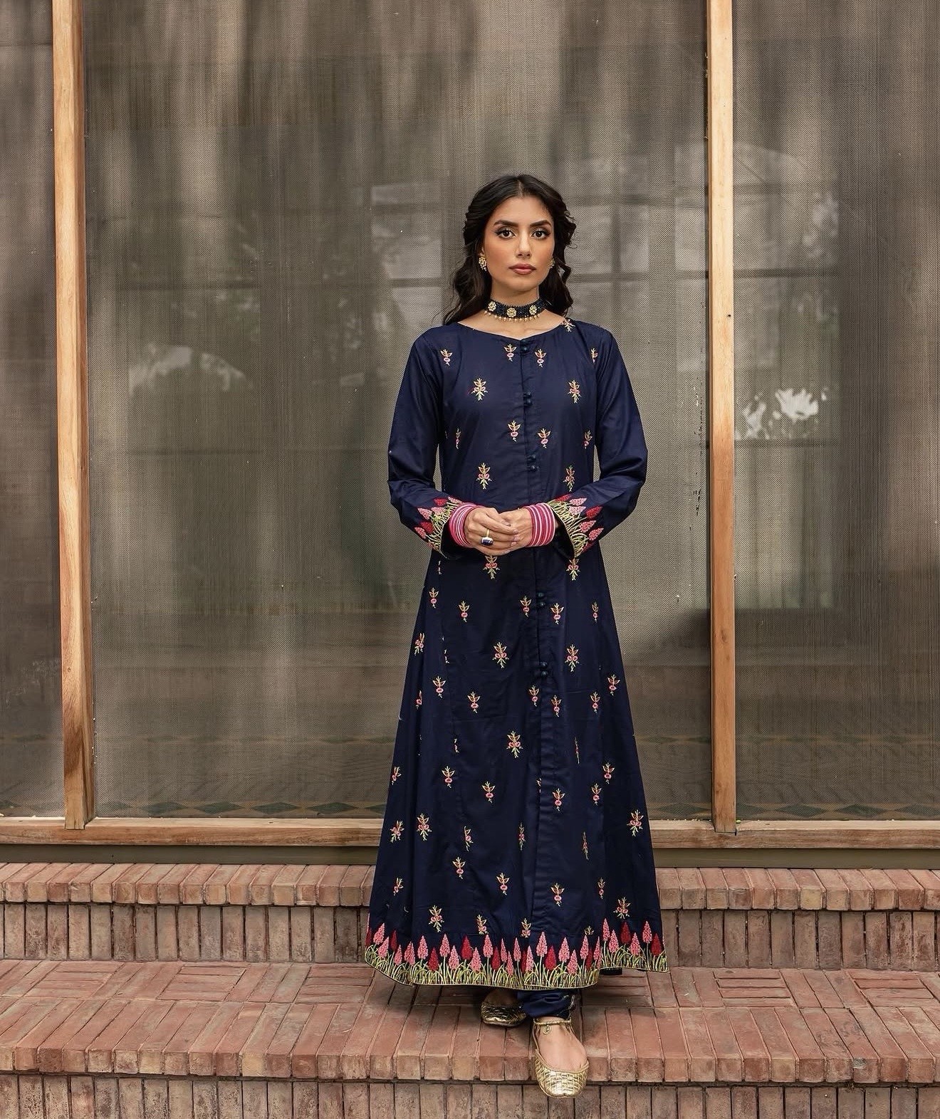 Navy Blue Cotton Lawn Embroidered Dress – Floral Pink & Green Design- XS