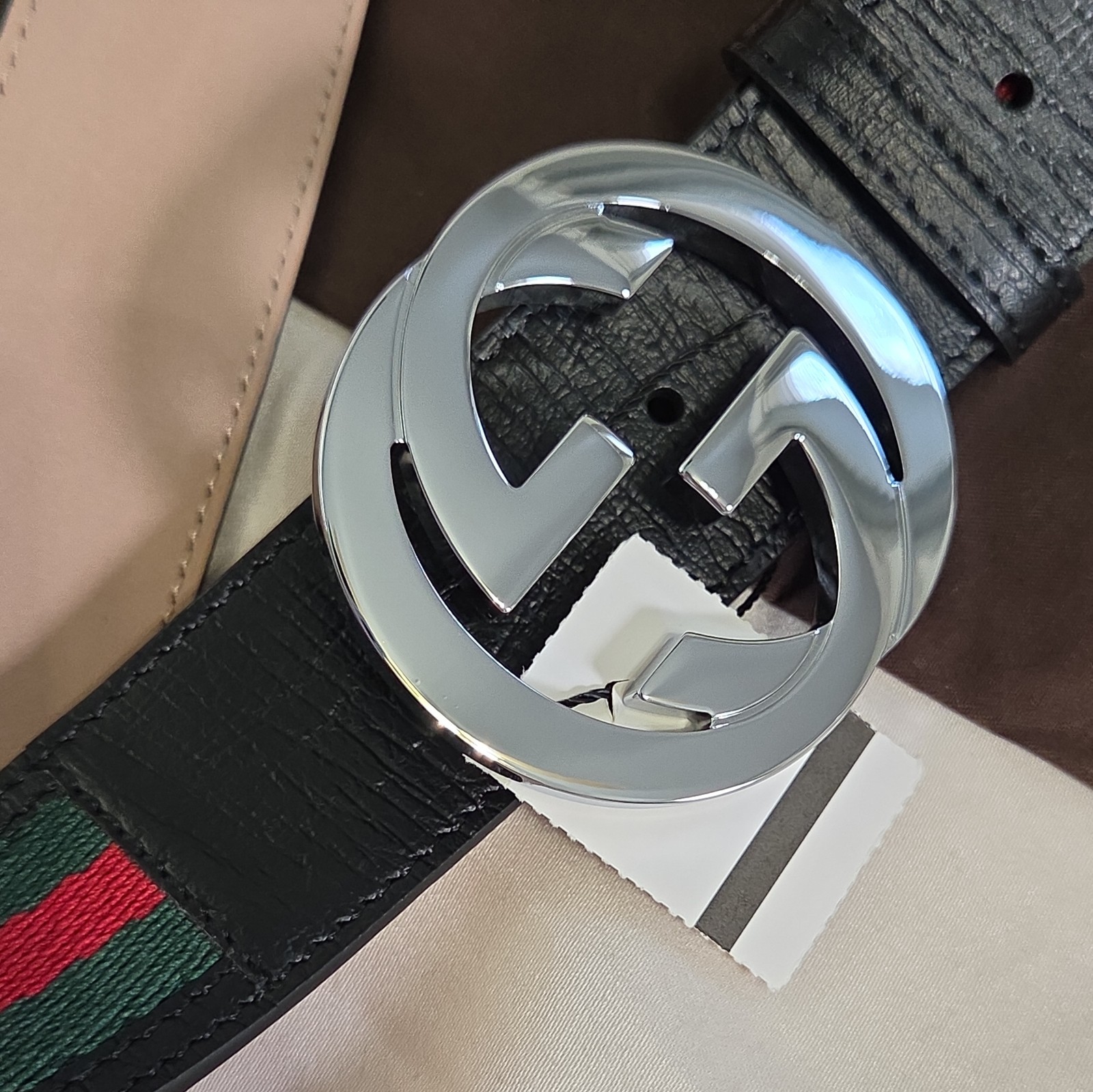 Authentic Gucci Black Green And Red Striped Belt, Men Size 34-36 IT 100CM