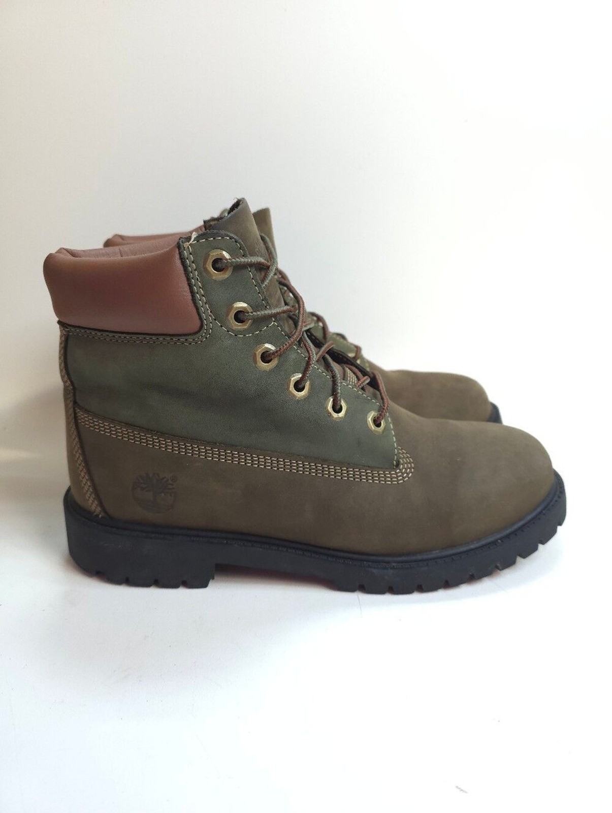 Timberland 6 Inch Premium Waterproof Boots Boys Brown Green Nubuck Size 6.5