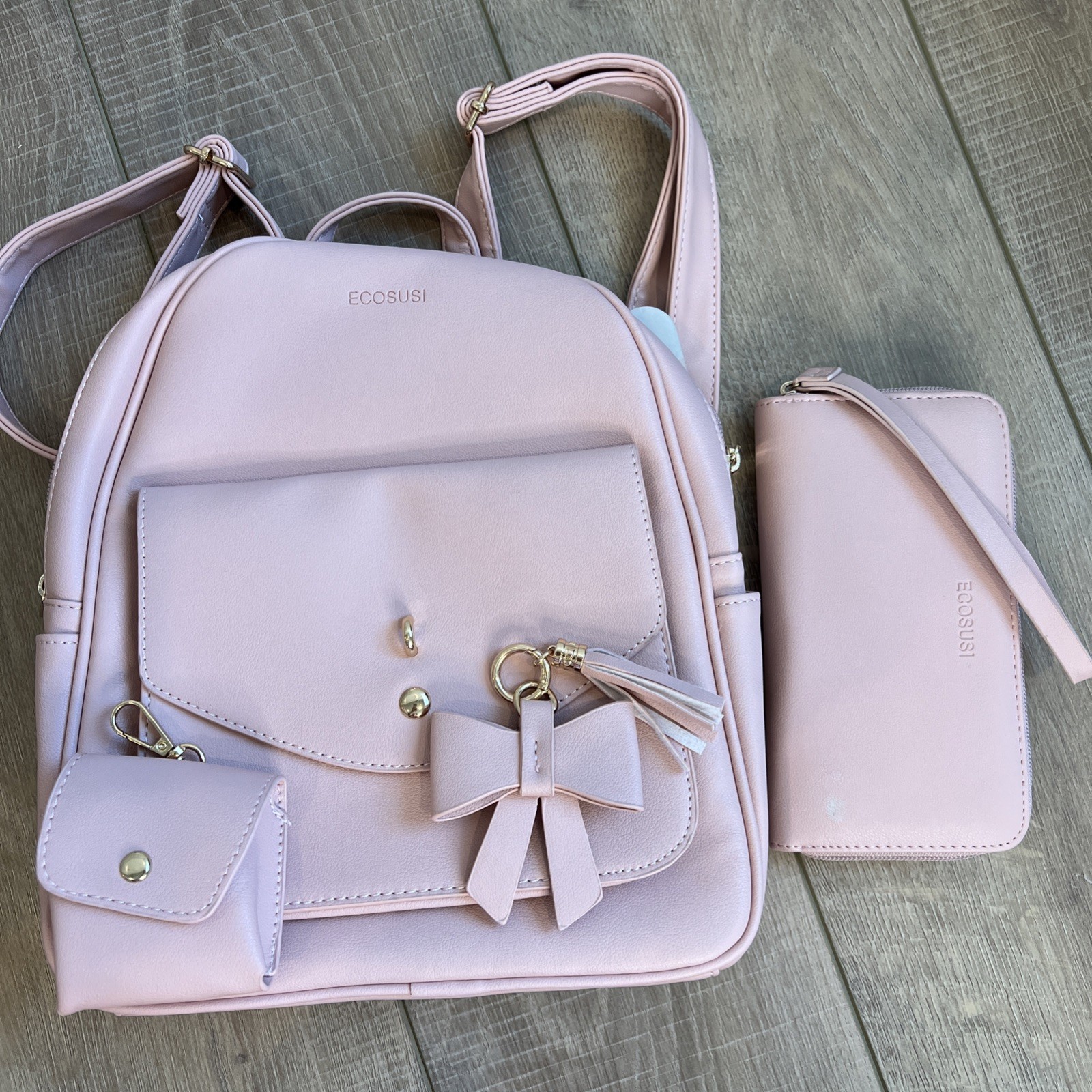 Ecosusi Small Mini Backpack NWT Pink w Wallet Adjustable Bow Tassel PU Leather