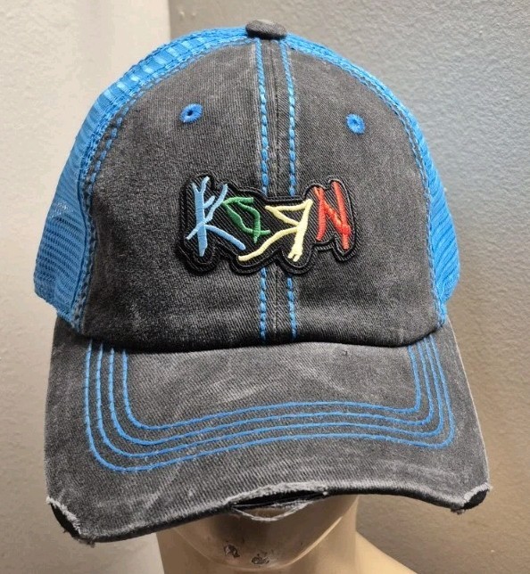 Korn Hat Distressed Ball Cap Hat Black & Neon Blue Mesh Hat