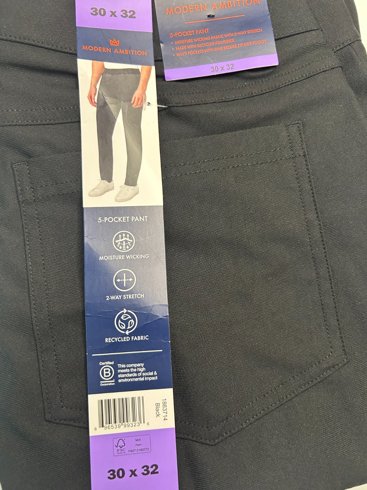 Modern Ambition Men’s 5-Pocket Pant Moisture Wicking Fabric Black Size 30×32