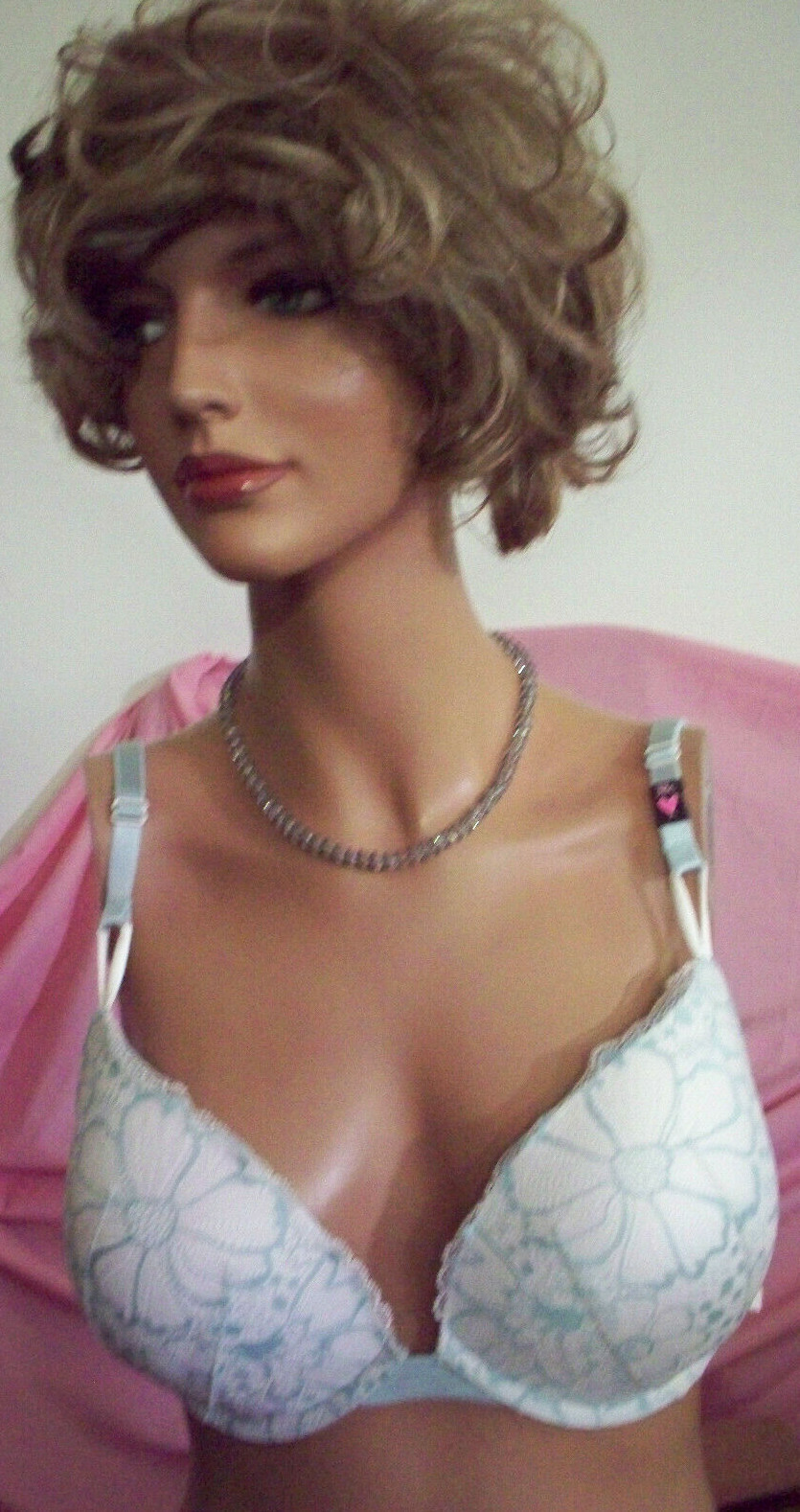 38C Aqua White LACE Mesh Wings Extreme Lift Victorias Secret Plunge PU UW Bra