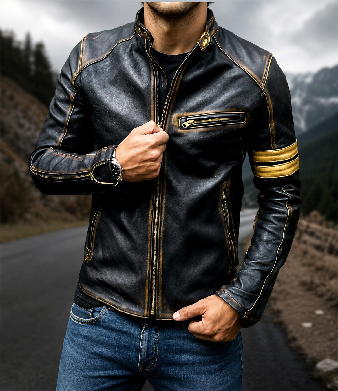 Men’s Black Genuine Sheepskin Leather Jacket Vintage Cafe Racer Motorcycle Biker