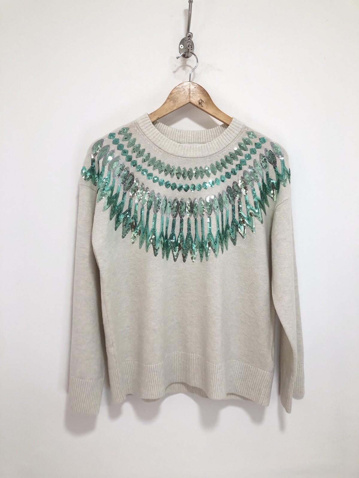 Marks & Spencer Fair Isle Jumper Size Medium Cream Sequin Yoke Soft Cozy Women’s