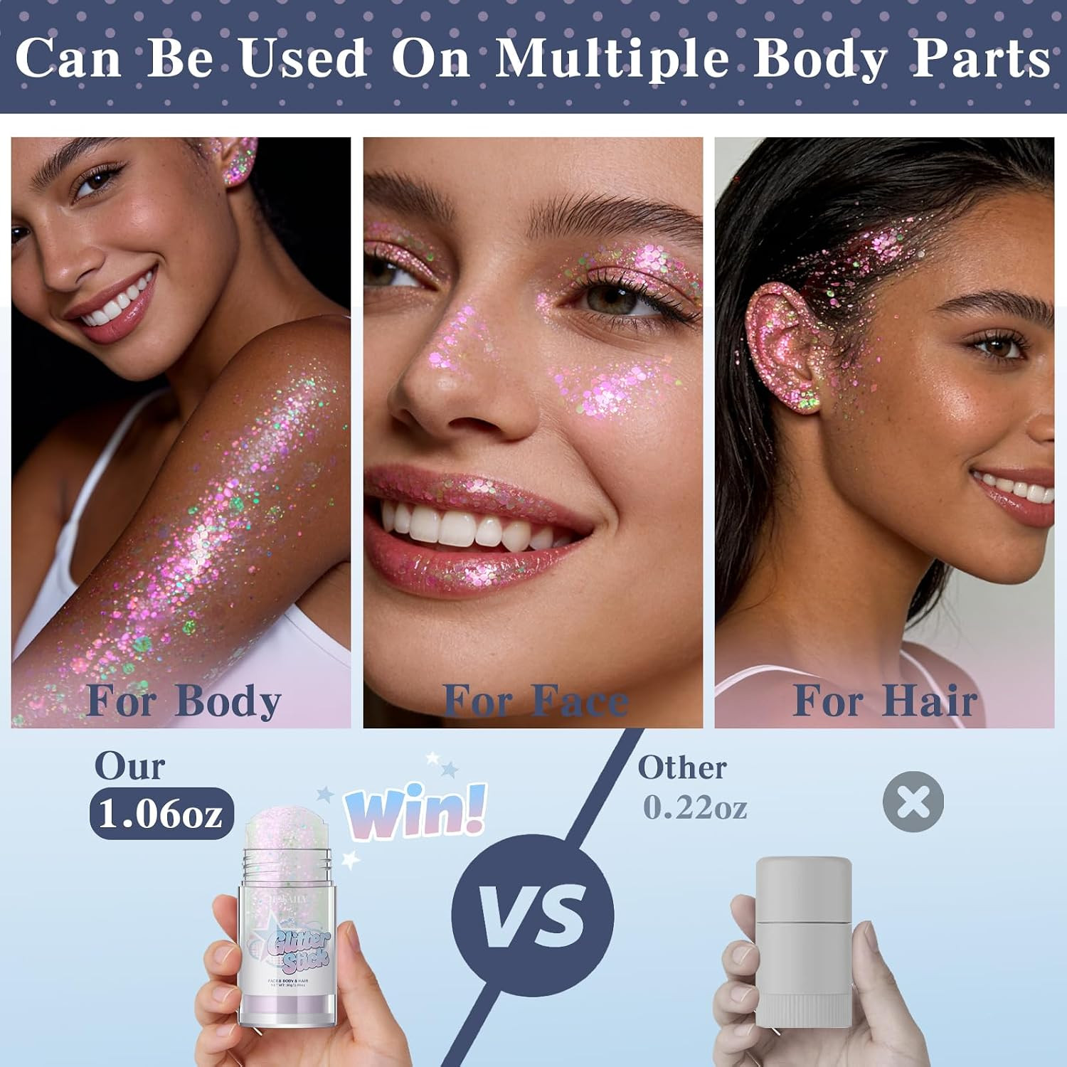 Sparkling Pink Body Glitter Stick, Holographic Fairy Costume Makeup Face Hair Gl