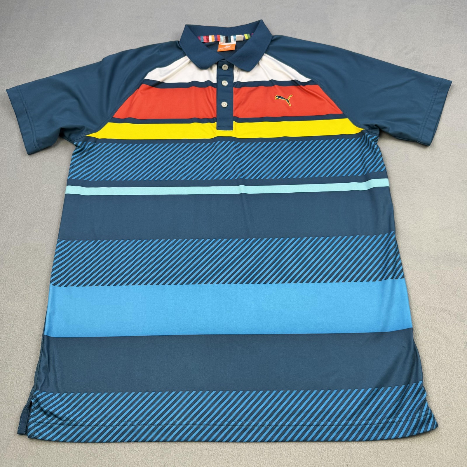Puma Polo Shirt Mens Medium Blue Multicolor Stripe Golf USP DRY Stretch Top