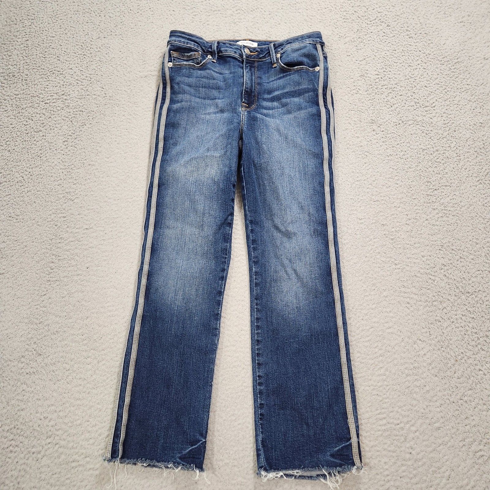 Good American Jeans Womens Size 10/30 Blue Denim Straight Stripes Raw Frayed Hem