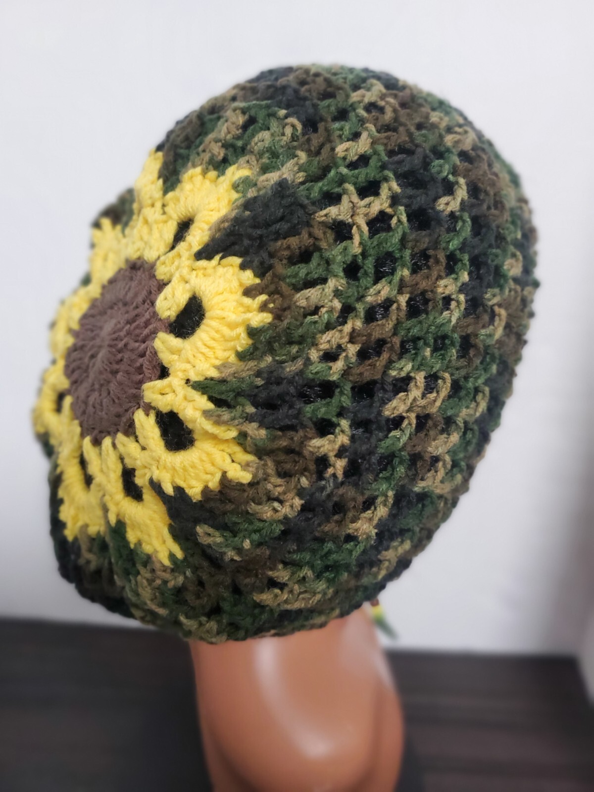Camouflage Crochet Flower Tam Slouch Hat With Drawstring Handmade One Size
