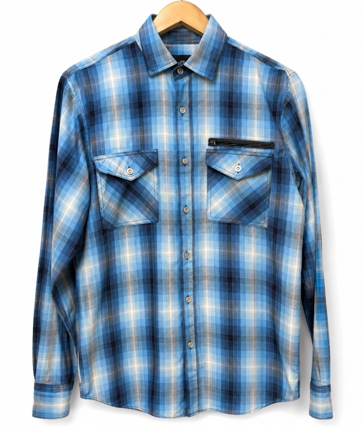 Modern Culture Mens M Blue Plaid Button Up Shirt Long Sleeve Zip Chest Pocket