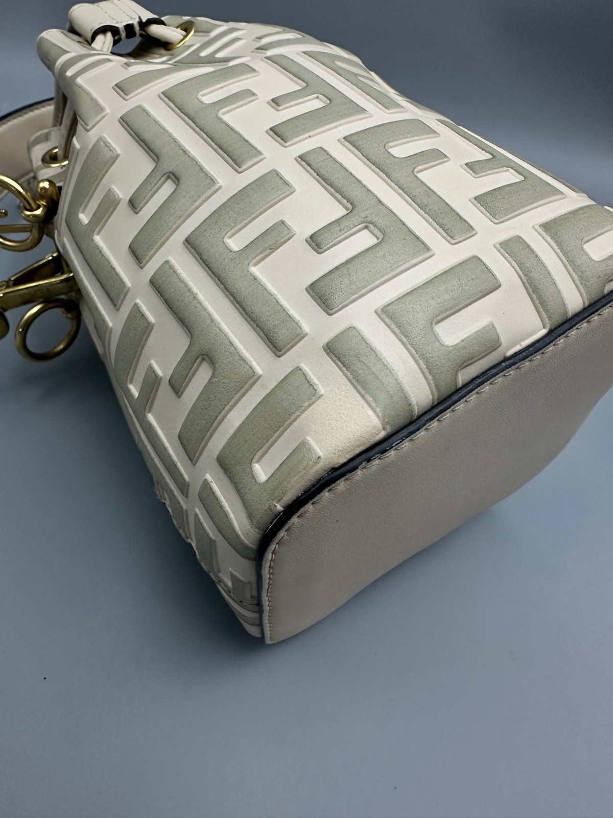 FENDI Mon Tresor Bucket Crossbody Bag FF Mini Off-white Embossed Leather Gold HW