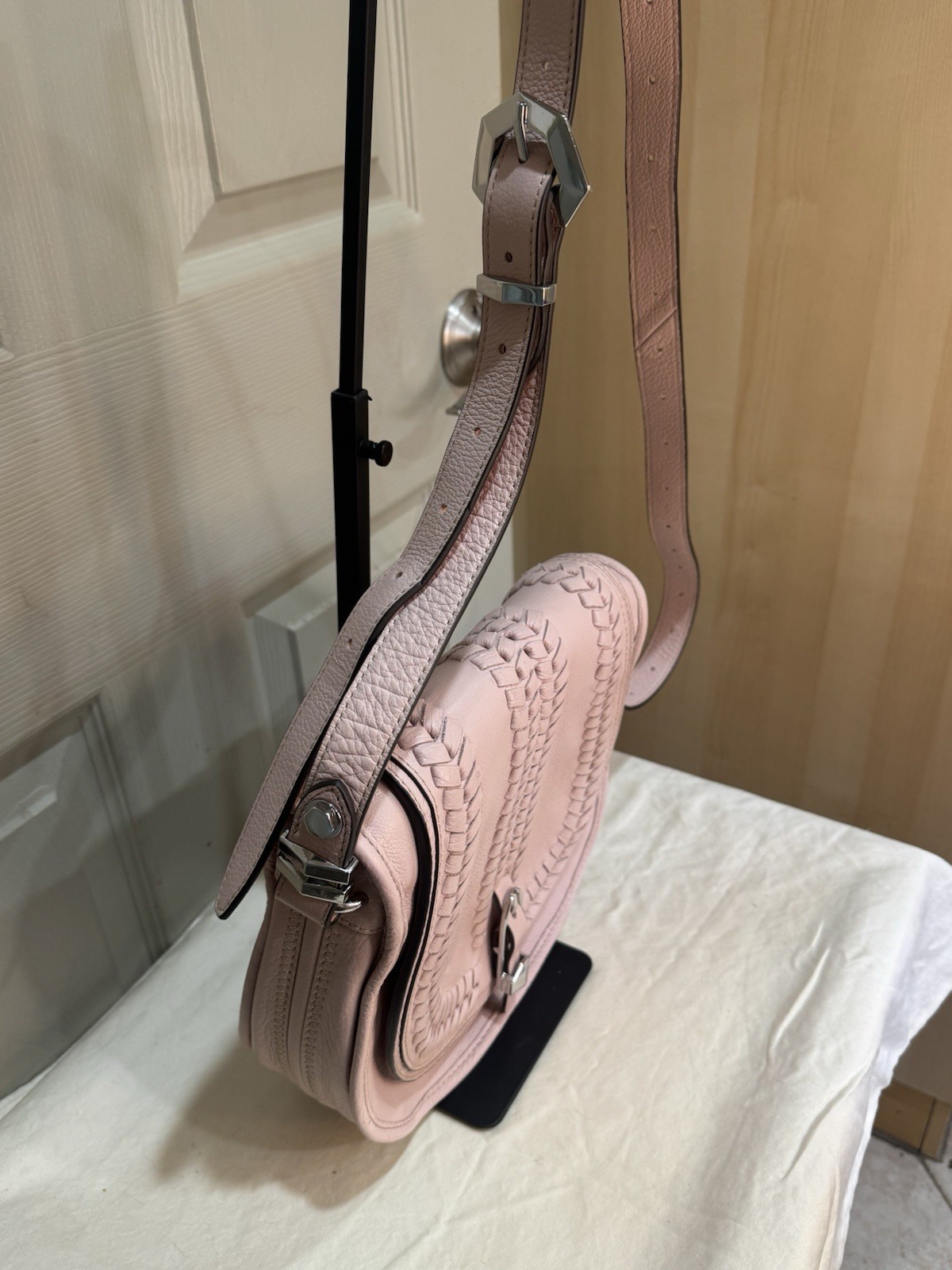 orYANY Amanda Blush Pink Italian Leather Saddle Crossbody Bag Whipstitch Flap