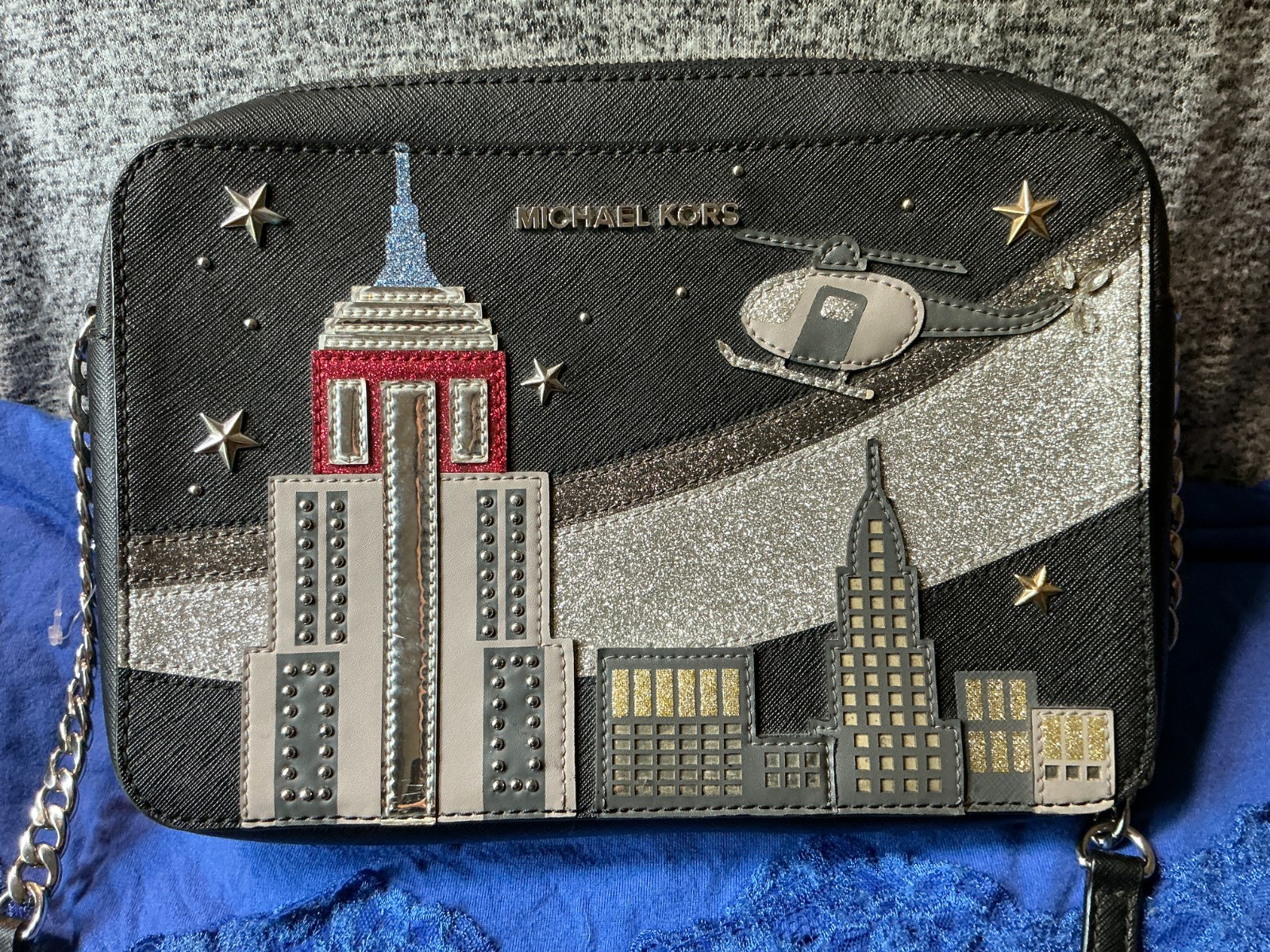 Michael Kors New York City Skyline & Chopper Stars Saffiano Leather ZipCrossbody