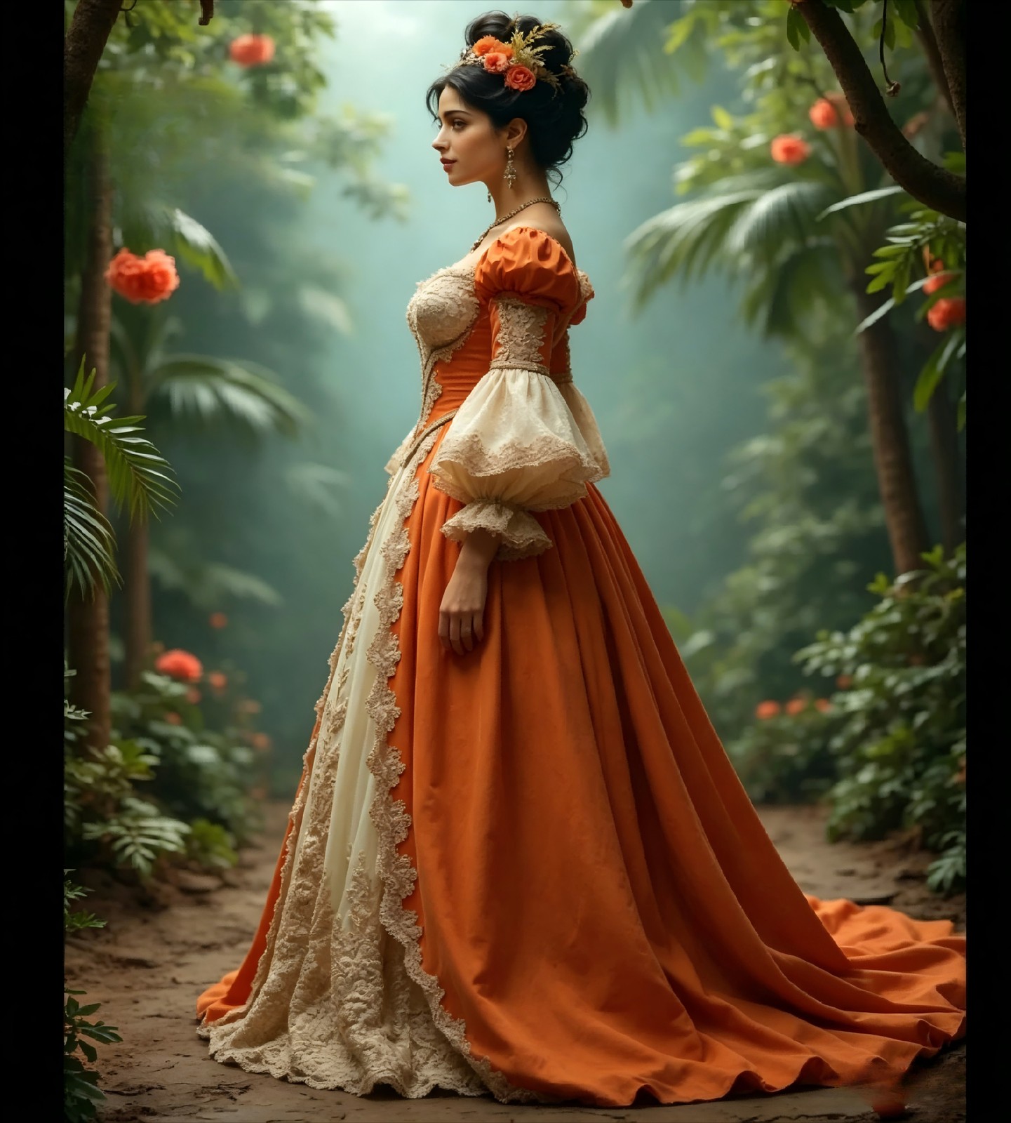 Orange Victorian Lace Ball Gown Renaissance Puff Sleeve Costume Dress With Train